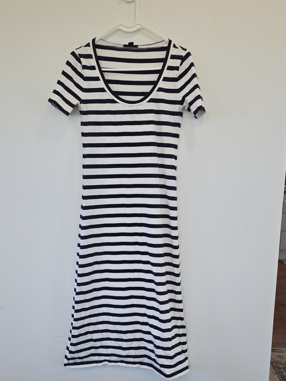 J. Crew Black & White Striped Midi Scoop Neck Dress